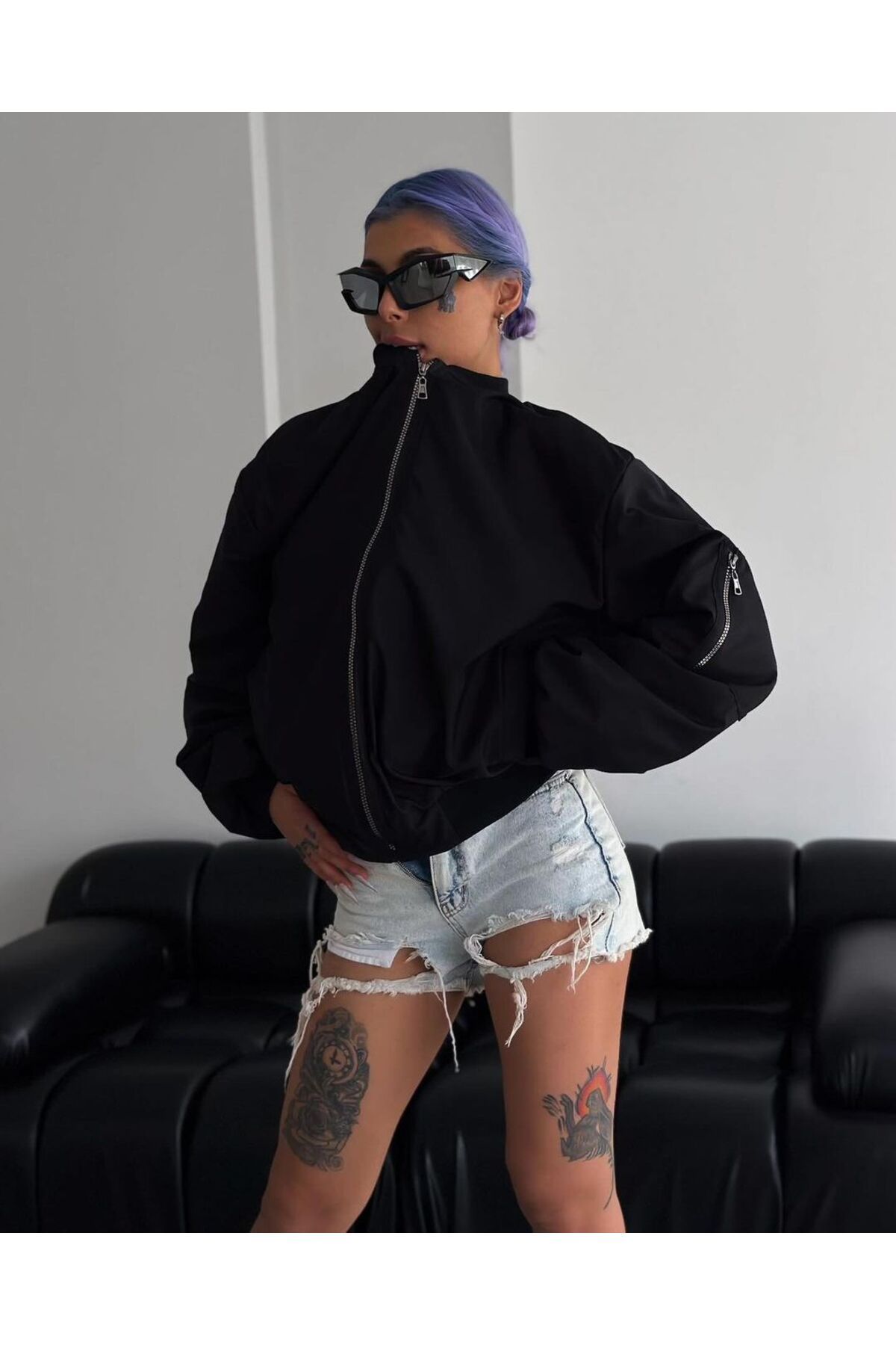 Unisex Bay uyumlu Siyah Bomber Ceket