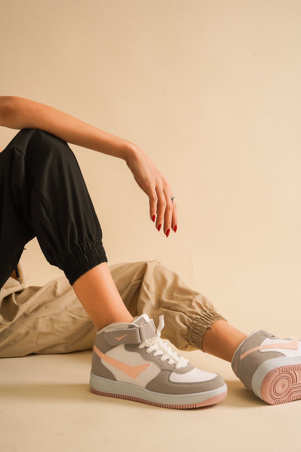 Unisex Taş Beyaz Uzun Bilekli Basket Snekaer Spor Ayakkabı