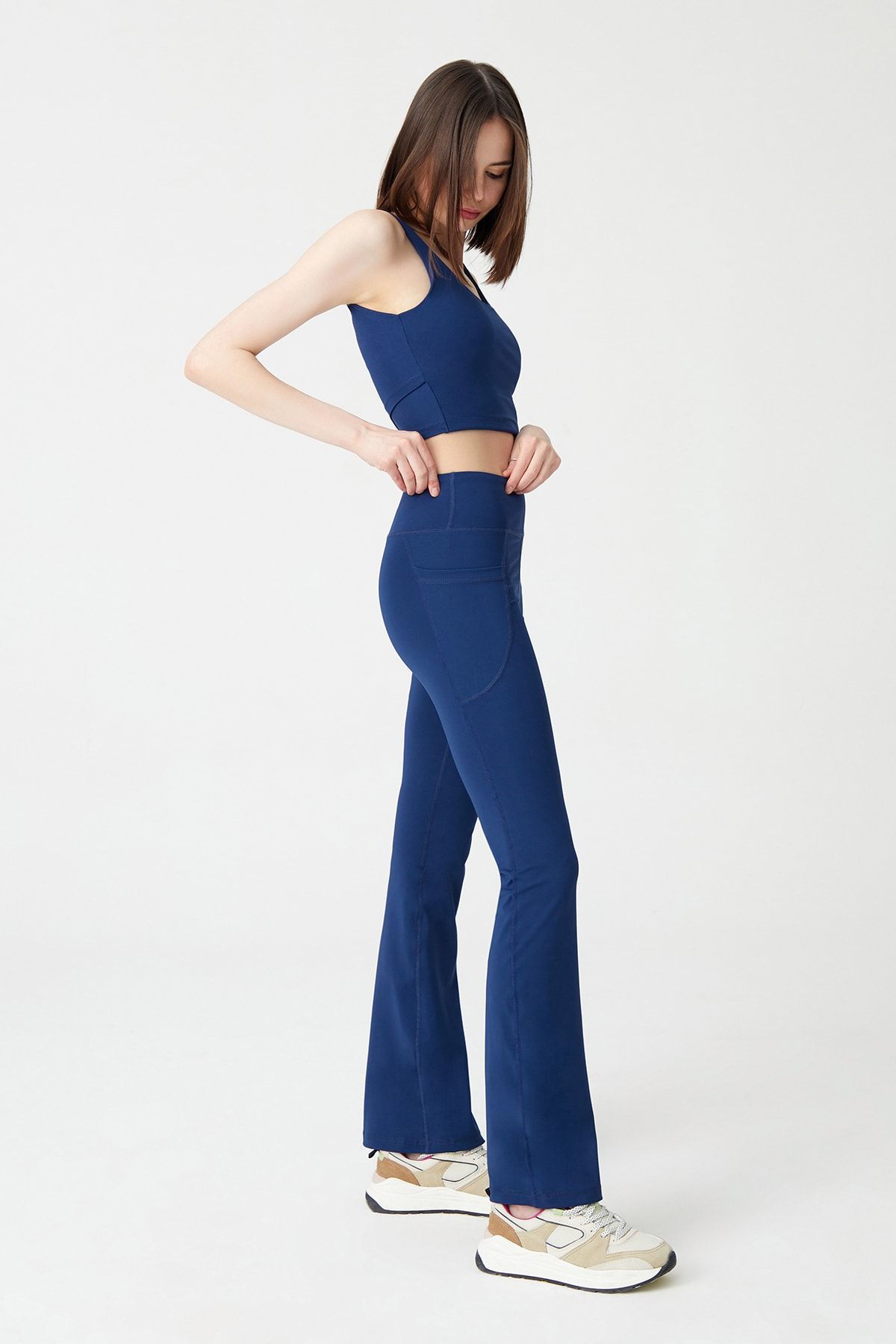 Kadın Lacivert Yüksek Bel Toparlayıcı Çift Cepli Ispanyol Paça Tayt Bootcut