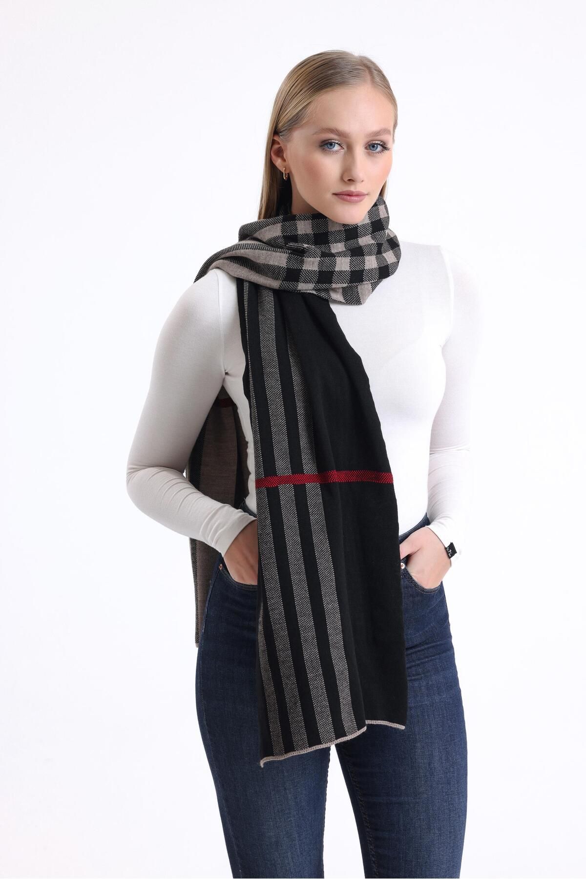 T-Crazy Knitwear Burbery Desen Triko Örme Atkı