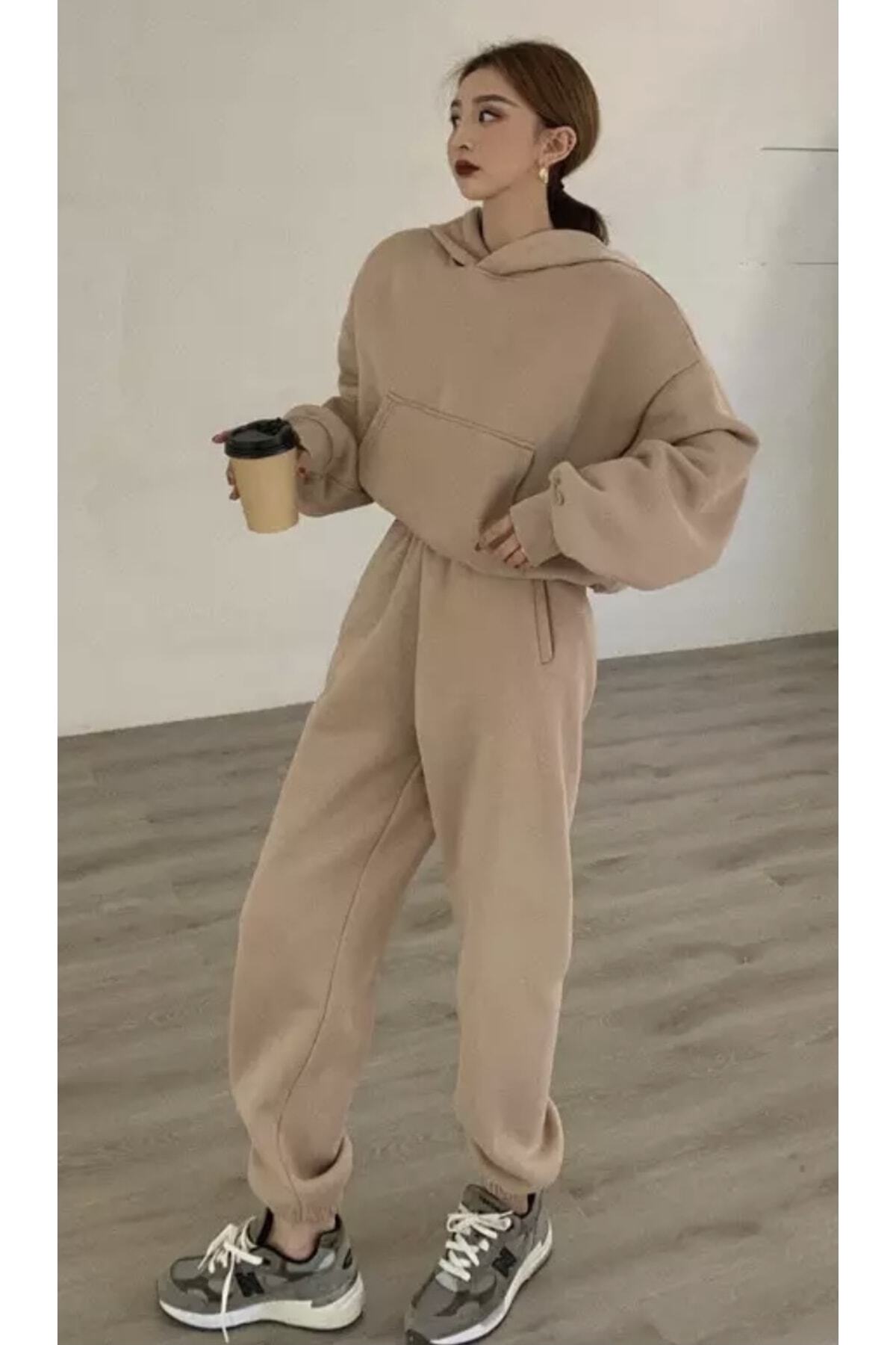 Kapüşonlu %100 Pamuk Tam Kışlık Içi Komple Şardonlu Süper Oversize Kadın Eşofman Takımı