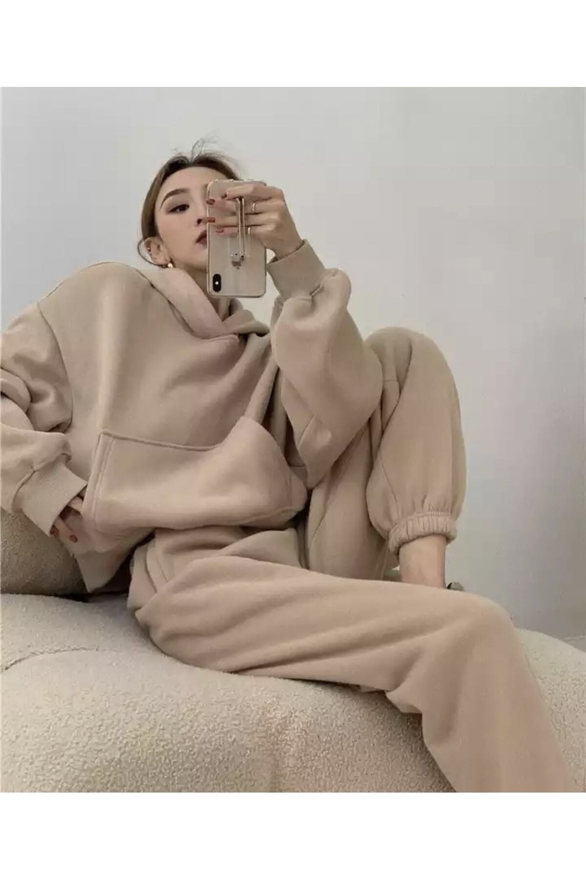 Kapüşonlu %100 Pamuk Tam Kışlık Içi Komple Şardonlu Süper Oversize Kadın Eşofman Takımı