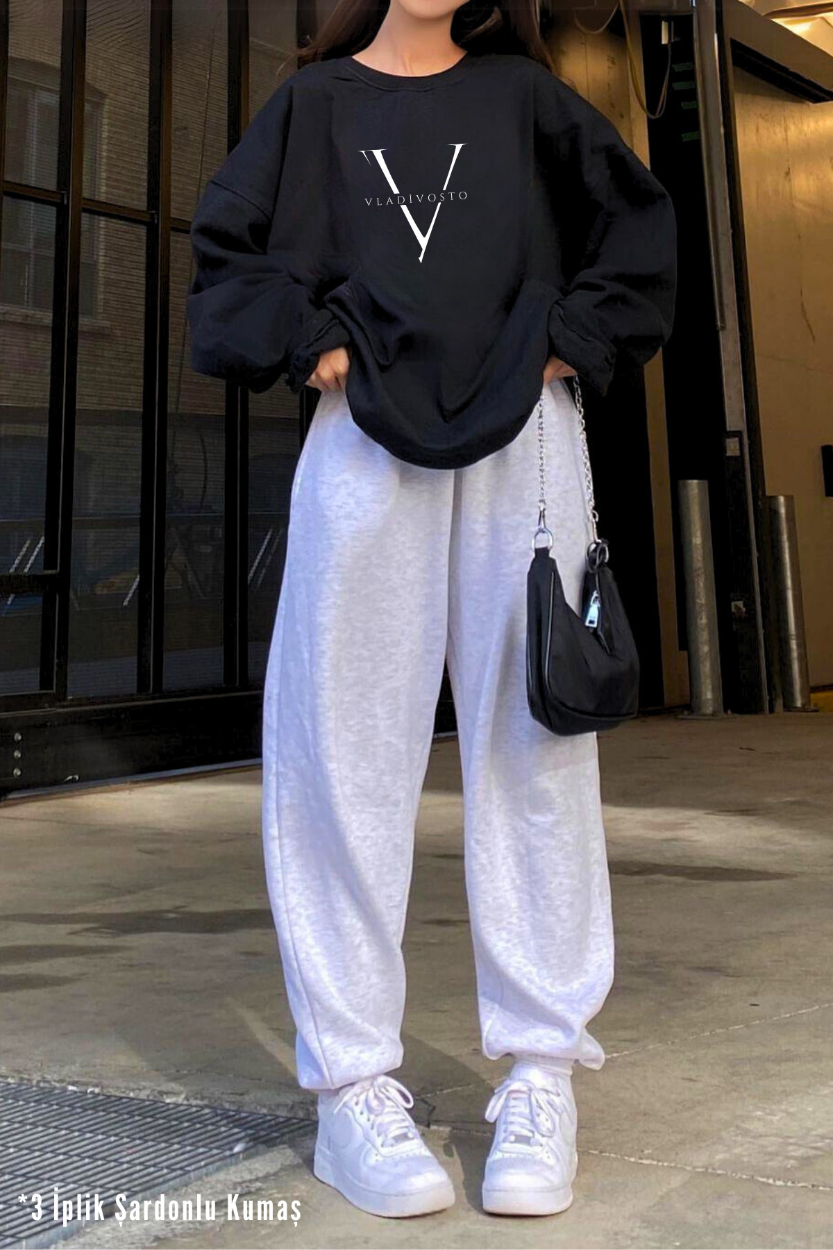 3 Iplik Şardonlu Kalın Büyük Beden Jogger Gri / Siyah Kadın Yüksek Bel Yazlık Oversize Eşofman Altı