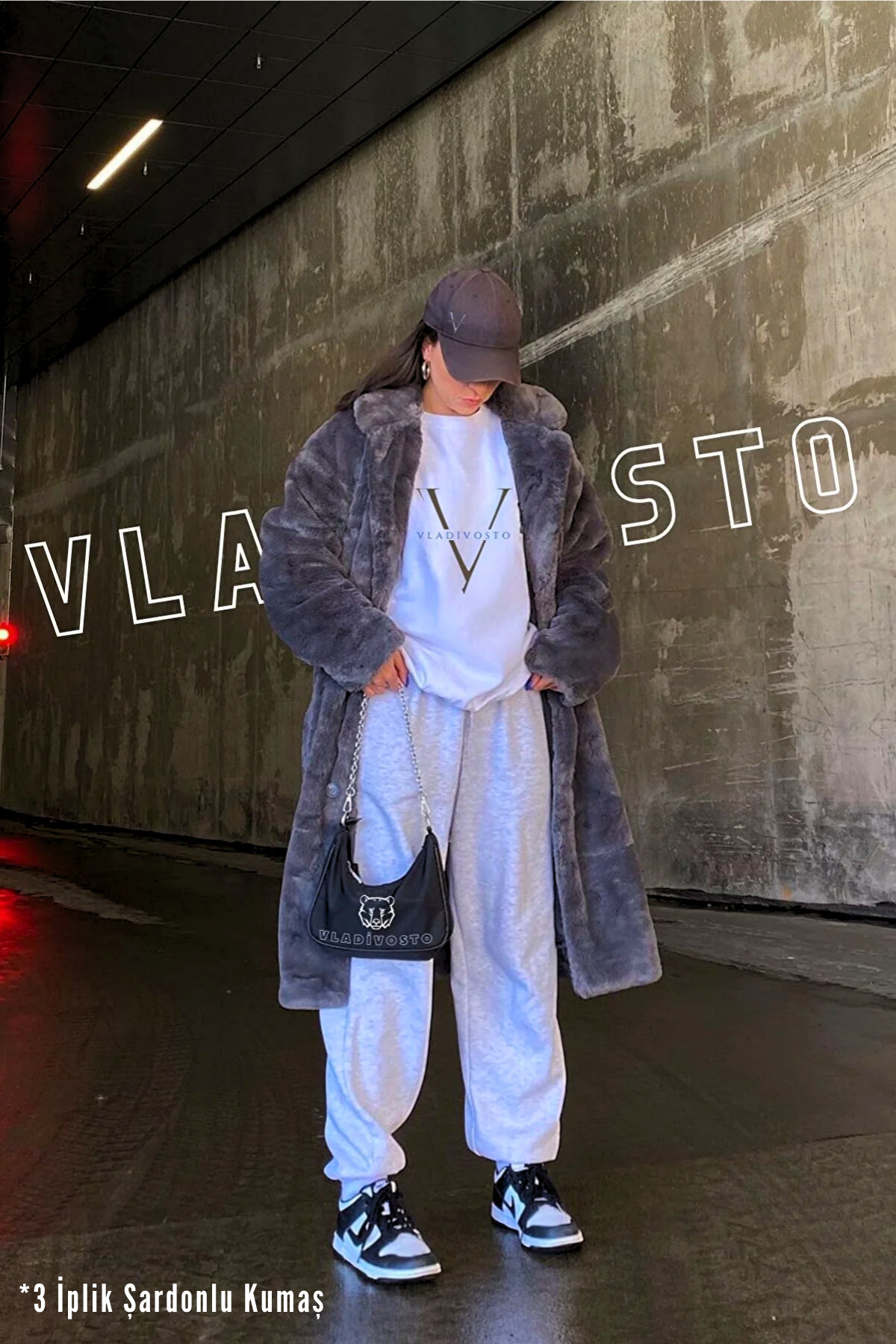 3 Iplik Şardonlu Kalın Büyük Beden Jogger Gri / Siyah Kadın Yüksek Bel Yazlık Oversize Eşofman Altı