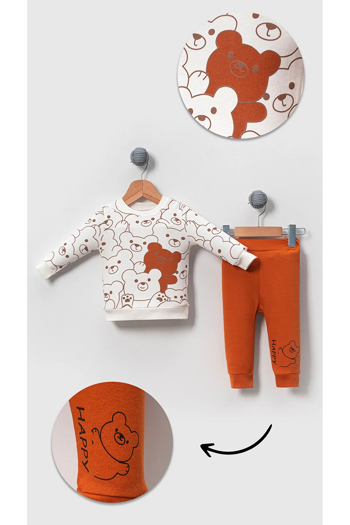 Happy Ayılar Desenli Pamuklu Bebek Çocuk Alt Üst Takım