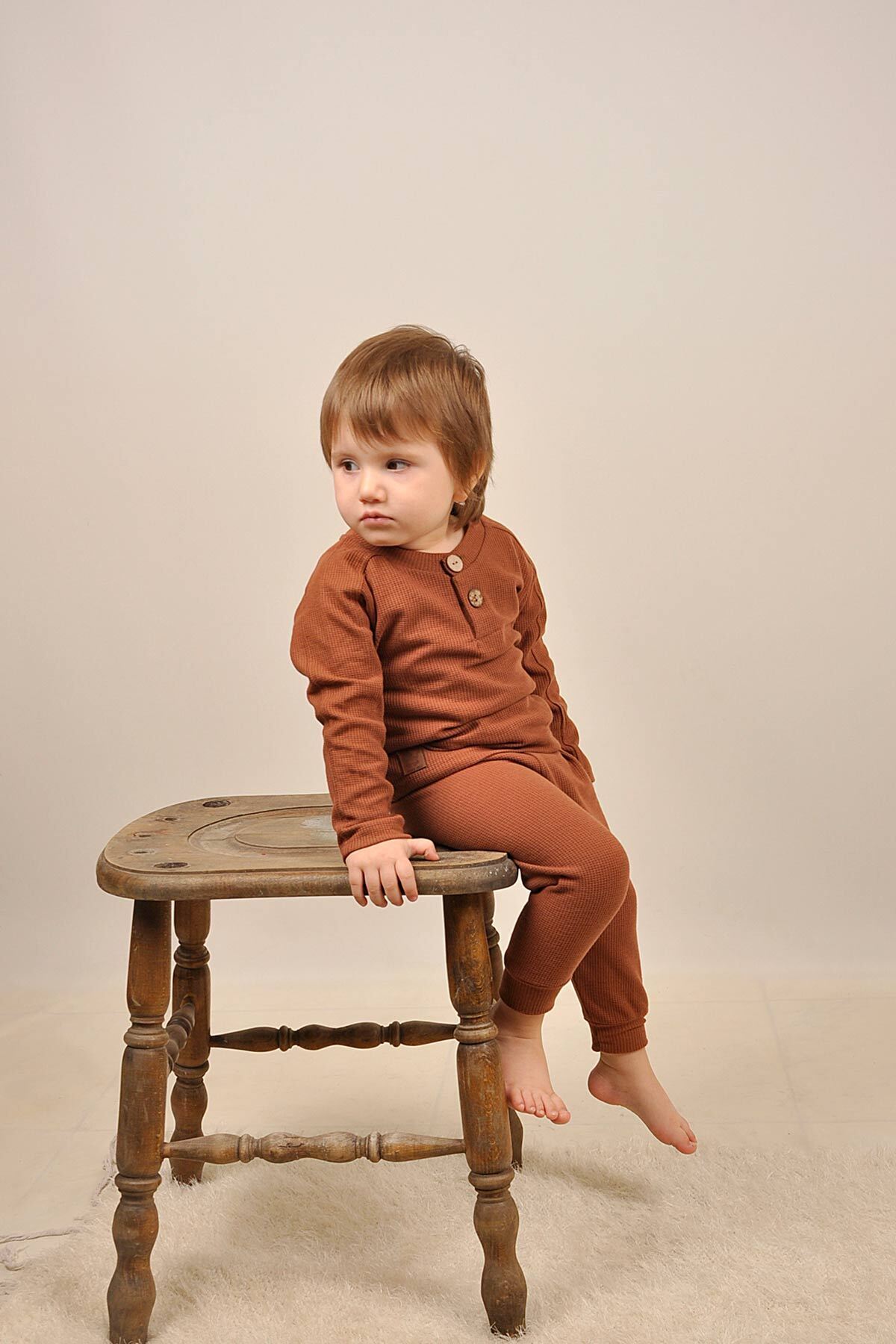 Waffle Pamuklu Yumusak Genis Kalip Deri Etiket Takim Reglan Tarz Fenomen Ahsap Dügme Patli 15017