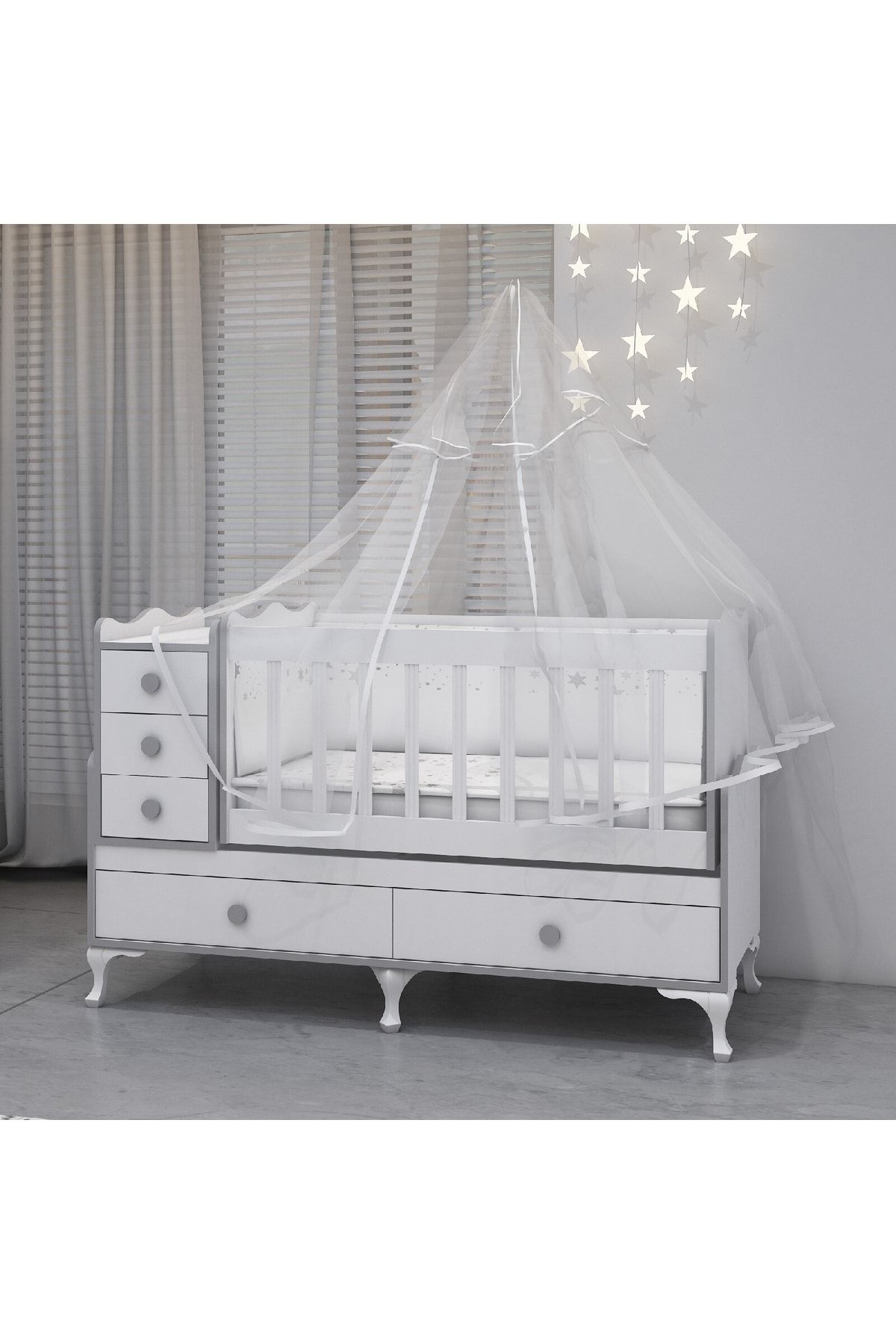 Alya Gri Yıldız 4 Komodin Avangart Bebek Odası Takımı - Yatak Ve Uyku Seti Kombinli