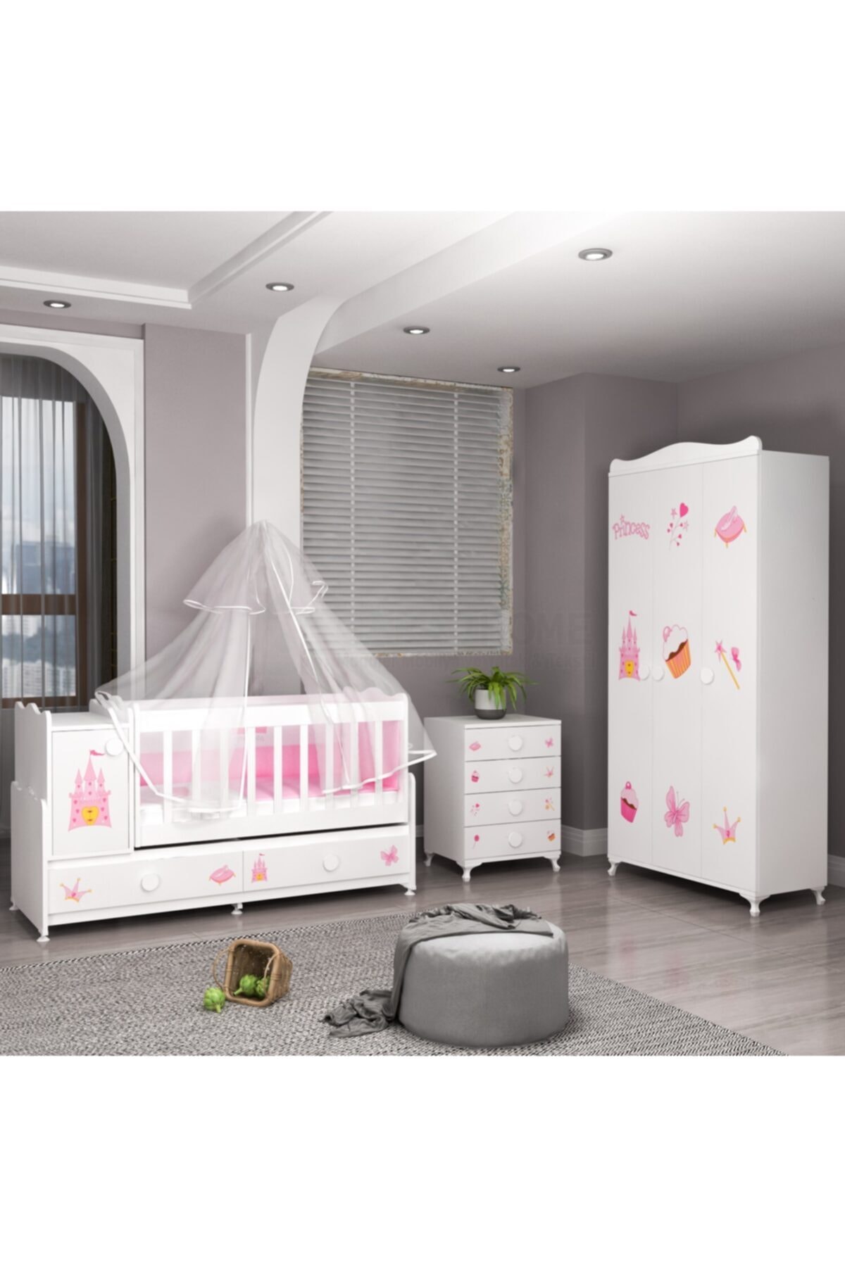 Pırlanta Yıldız 3lü Prenses Bebek Odası Takımı - Yatak Ve Uyku Seti Kombinli - Pembe Uykusetli