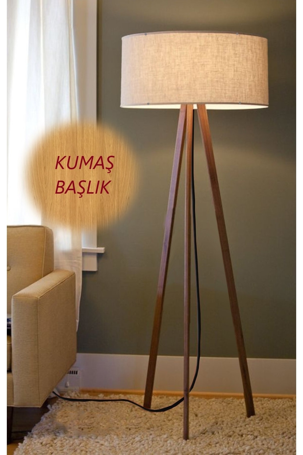 Toscana Antik Beji --3 Ayaklı Tripod Lambader Abajur Kumaş Başlık--bej-c