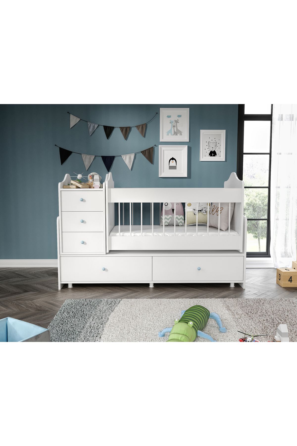 Merlin Mobilya Angel Büyüyebilen Mavi Kulplu Beşik