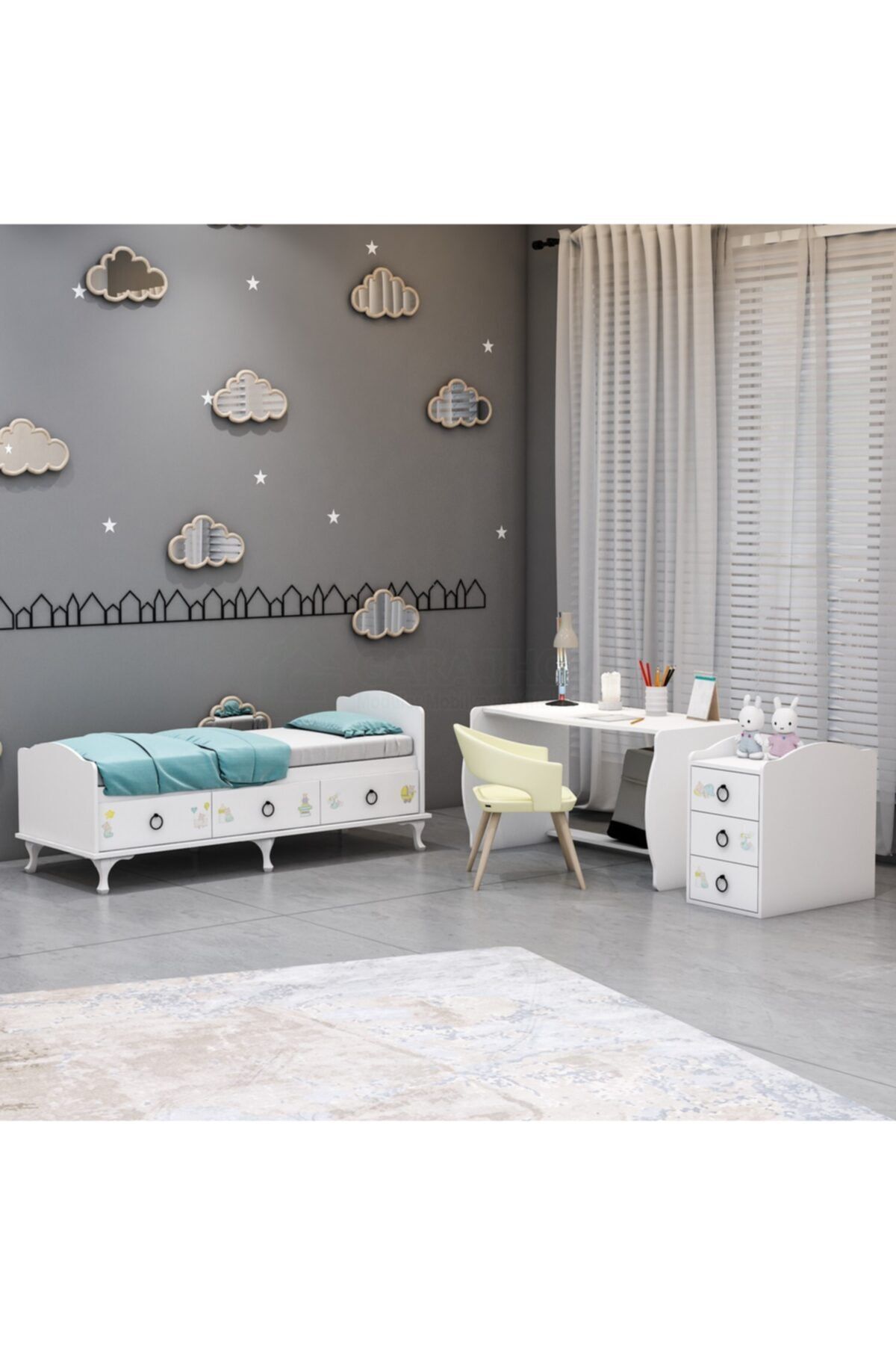 Elfin Ayıcık Asansörlü Lüks Uyku Setli Beşik Kombini- Uykuseti Beyaz
