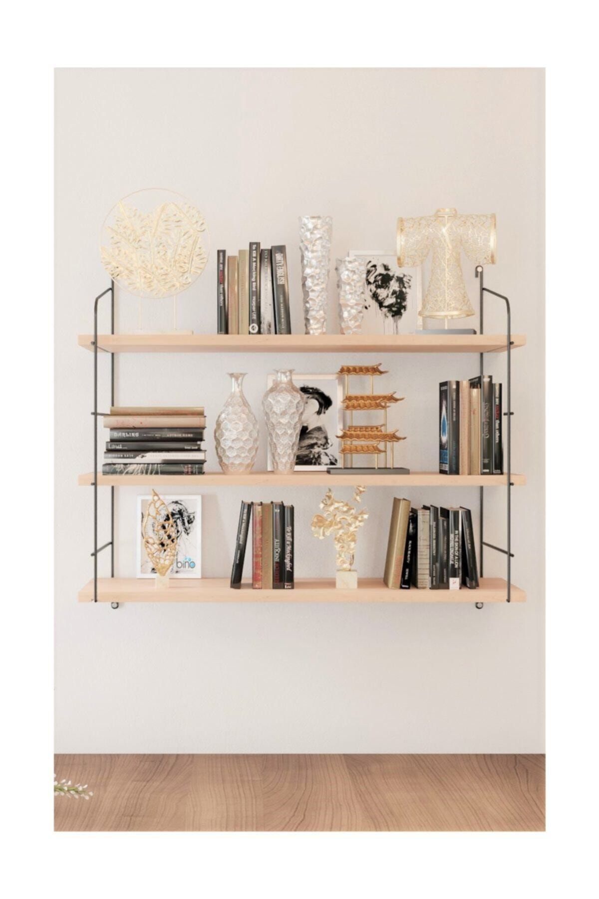 Masif Doğal Ahşap Büyük Boy 3 Katlı Duvar Rafı, Kitaplık, Terek