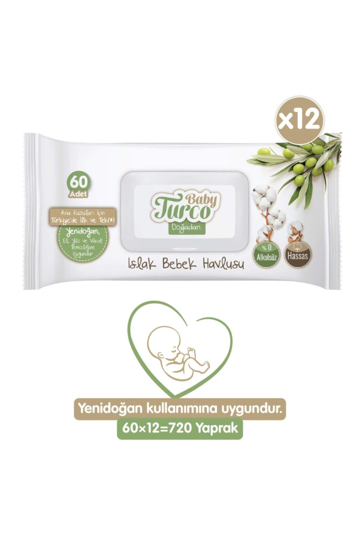 Doğadan Yenidoğan Islak Bebek Havlusu 12x60 Yaprak